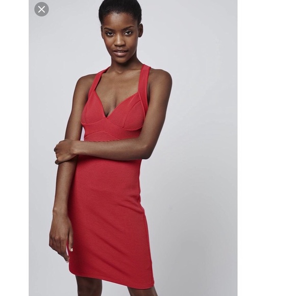 TopShop Red Plunge Rigged Bodycon Dress - Picture 3 of 7